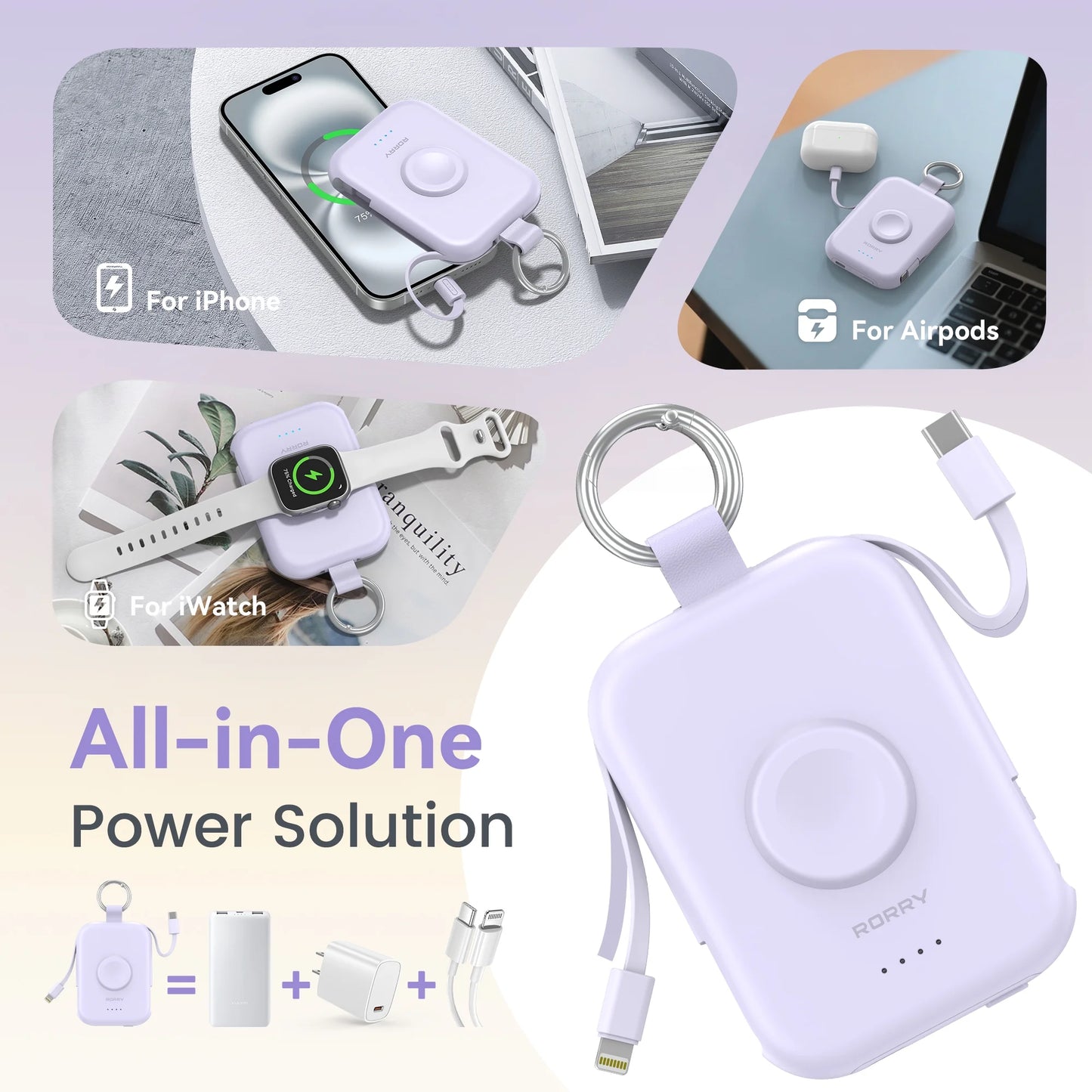 Portable Charger, 5000Mah Power Bank - Apple Watch Charger with Built-In Cables,Travel-Ready Portable Charger for Iphone 17/ 16/15/14 ,Android ,Apple Watch Ultra2/11/10/9/8, Black