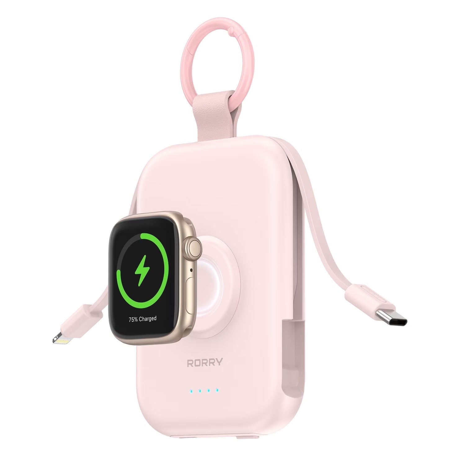 Portable Charger, 5000Mah Power Bank - Apple Watch Charger with Built-In Cables,Travel-Ready Portable Charger for Iphone 17/ 16/15/14 ,Android ,Apple Watch , Pink with Pink Keychain