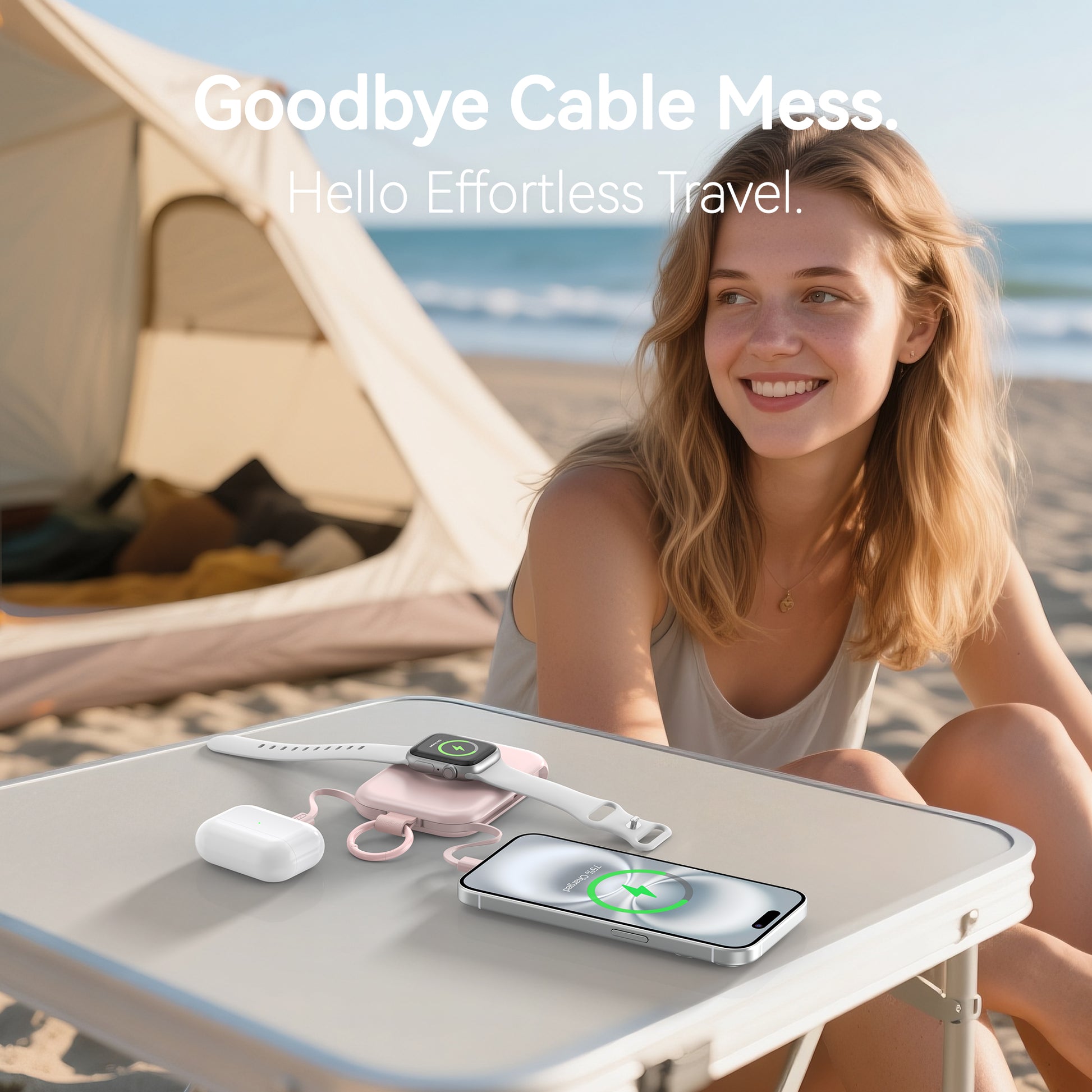 Portable Charger, 5000Mah Power Bank - Apple Watch Charger with Built-In Cables,Travel-Ready Portable Charger for Iphone 17/ 16/15/14 ,Android ,Apple Watch , Pink with Pink Keychain