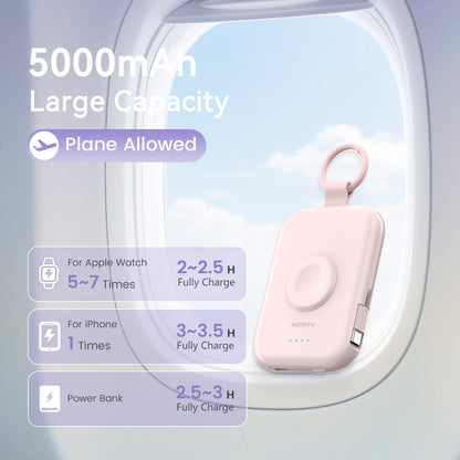 Portable Charger, 5000Mah Power Bank - Apple Watch Charger with Built-In Cables,Travel-Ready Portable Charger for Iphone 17/ 16/15/14 ,Android ,Apple Watch , Pink with Pink Keychain