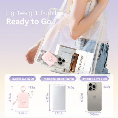 Portable Charger, 5000Mah Power Bank - Apple Watch Charger with Built-In Cables,Travel-Ready Portable Charger for Iphone 17/ 16/15/14 ,Android ,Apple Watch , Pink with Pink Keychain